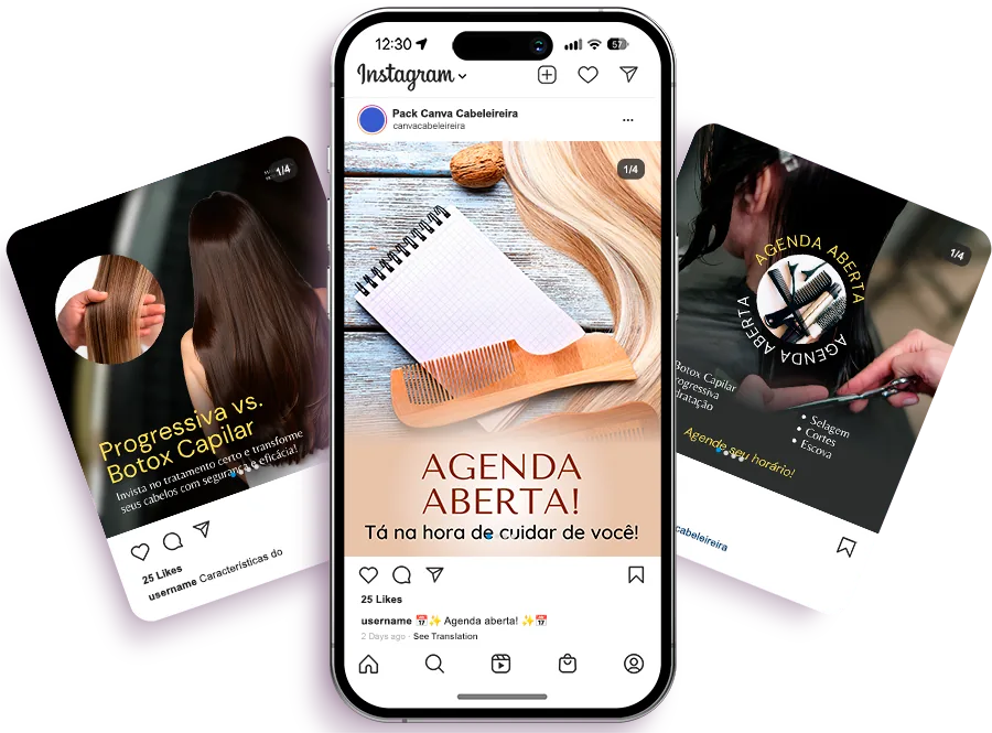 Exemplos de posts do Ultra Pack Canva Cabeleireira